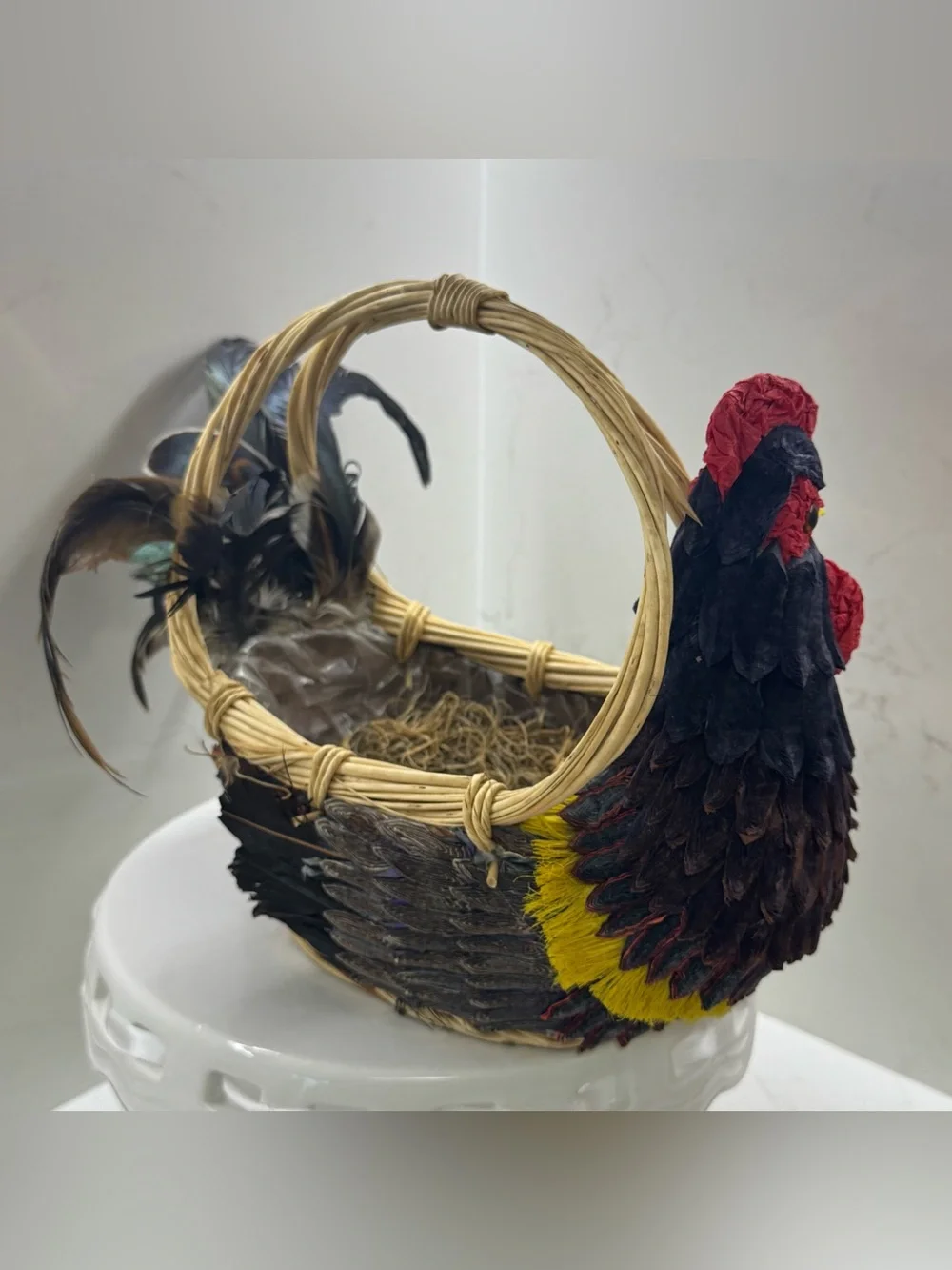 Vintage Handcrafted Rooster Wicker Basket Centerpiece Feather Country Farmhouse